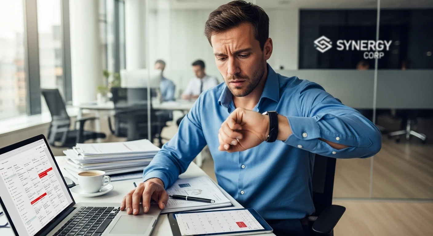 Entrepreneur stressé regardant sa montre, submergé par le travail.