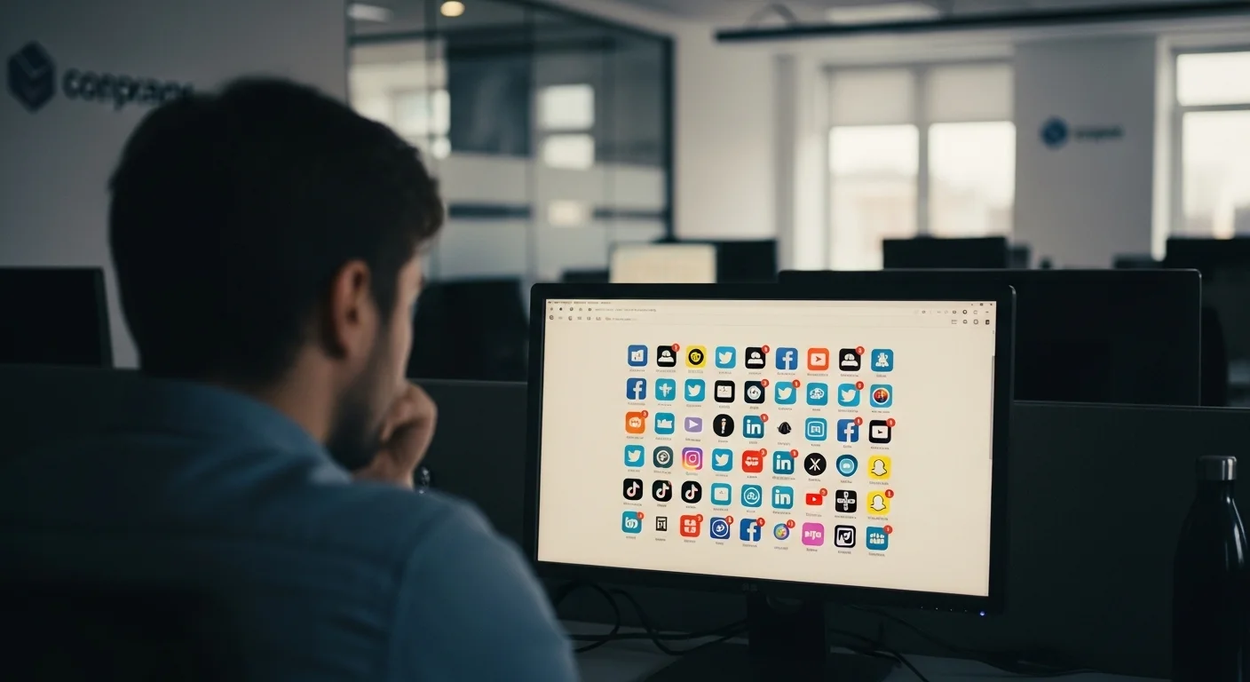 Personne perplexe devant un ordinateur affichant de multiples icônes de réseaux sociaux.