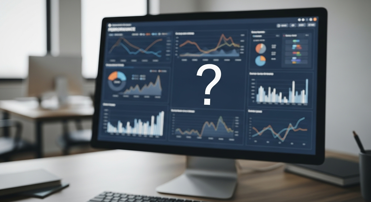Graphique de performance flou et confus avec un point d'interrogation.