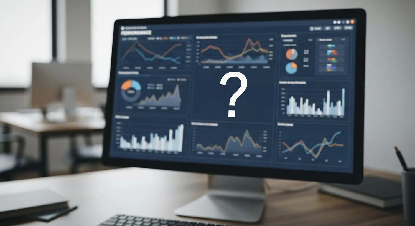 Graphique de performance flou et confus avec un point d'interrogation.