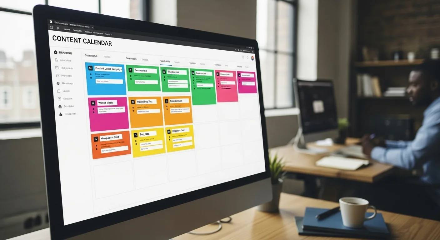 Calendrier de contenu digital bien organisé et coloré, symbolisant une gestion efficace.
