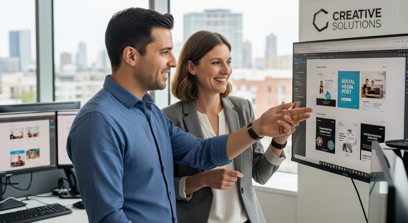 Deux professionnels discutant devant un écran affichant des designs de posts pour les réseaux sociaux.